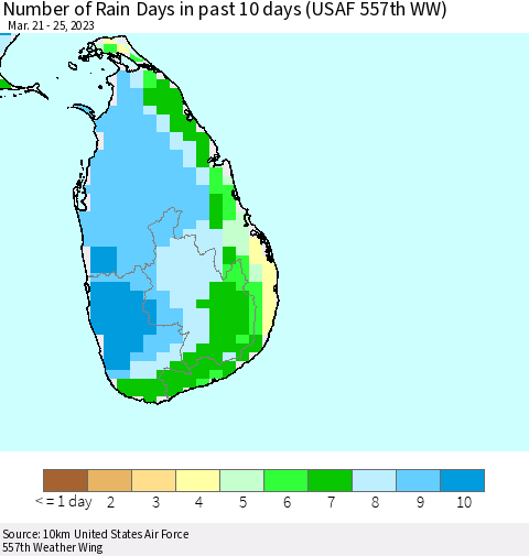 Sri Lanka Number of Rain Days in past 10 days (USAF 557th WW) Thematic Map For 3/21/2023 - 3/25/2023
