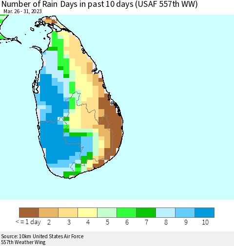 Sri Lanka Number of Rain Days in past 10 days (USAF 557th WW) Thematic Map For 3/26/2023 - 3/31/2023