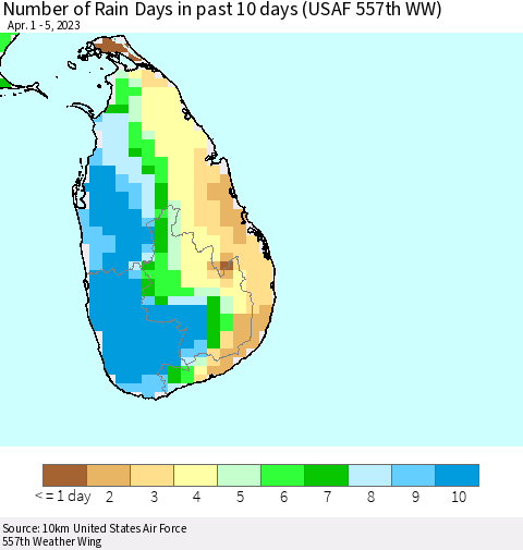 Sri Lanka Number of Rain Days in past 10 days (USAF 557th WW) Thematic Map For 4/1/2023 - 4/5/2023