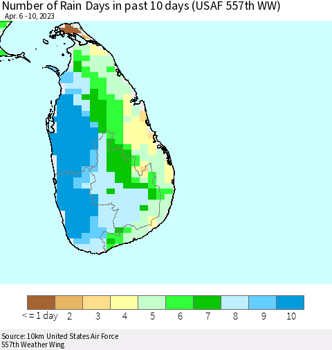 Sri Lanka Number of Rain Days in past 10 days (USAF 557th WW) Thematic Map For 4/6/2023 - 4/10/2023