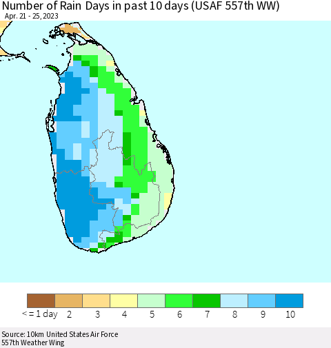 Sri Lanka Number of Rain Days in past 10 days (USAF 557th WW) Thematic Map For 4/21/2023 - 4/25/2023