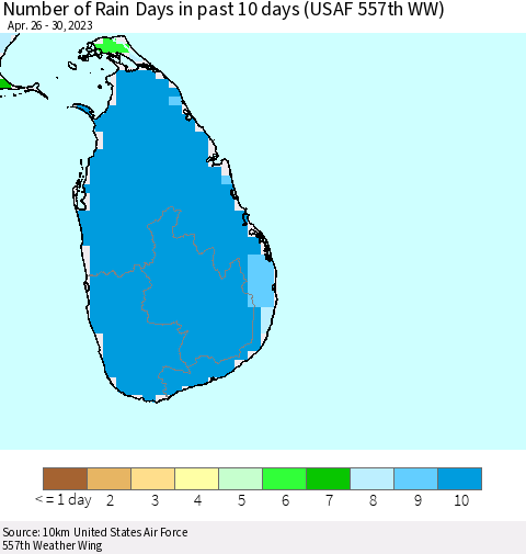 Sri Lanka Number of Rain Days in past 10 days (USAF 557th WW) Thematic Map For 4/26/2023 - 4/30/2023