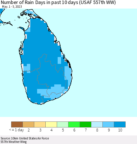 Sri Lanka Number of Rain Days in past 10 days (USAF 557th WW) Thematic Map For 5/1/2023 - 5/5/2023