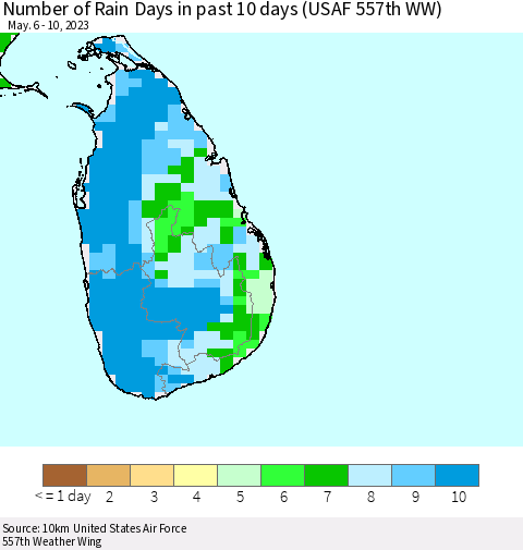 Sri Lanka Number of Rain Days in past 10 days (USAF 557th WW) Thematic Map For 5/6/2023 - 5/10/2023