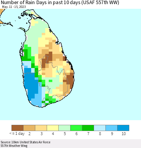 Sri Lanka Number of Rain Days in past 10 days (USAF 557th WW) Thematic Map For 5/11/2023 - 5/15/2023