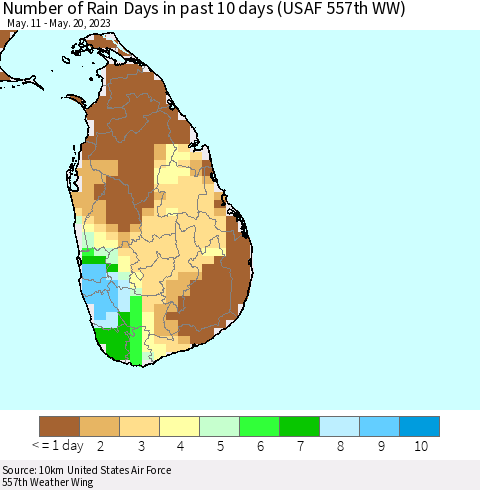 Sri Lanka Number of Rain Days in past 10 days (USAF 557th WW) Thematic Map For 5/16/2023 - 5/20/2023