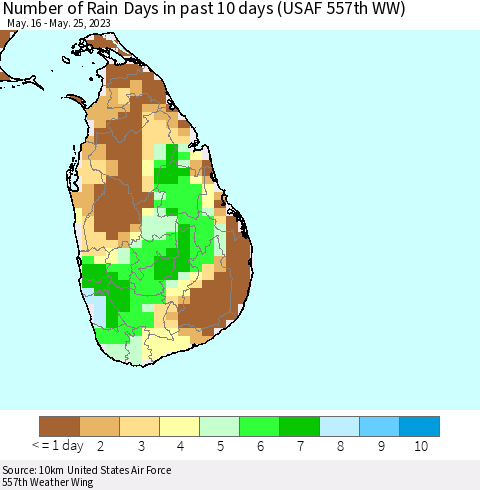 Sri Lanka Number of Rain Days in past 10 days (USAF 557th WW) Thematic Map For 5/21/2023 - 5/25/2023