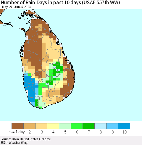 Sri Lanka Number of Rain Days in past 10 days (USAF 557th WW) Thematic Map For 6/1/2023 - 6/5/2023