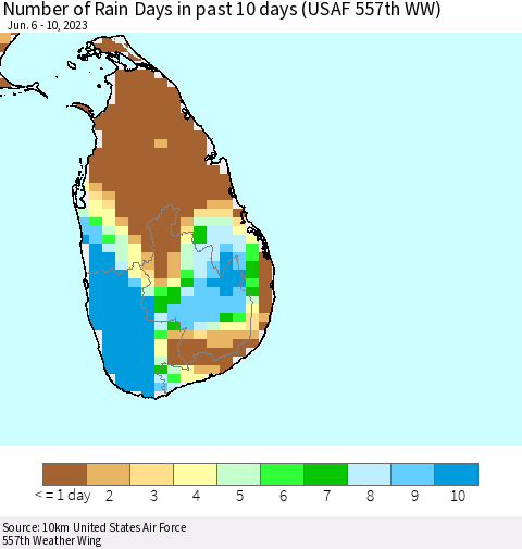 Sri Lanka Number of Rain Days in past 10 days (USAF 557th WW) Thematic Map For 6/6/2023 - 6/10/2023