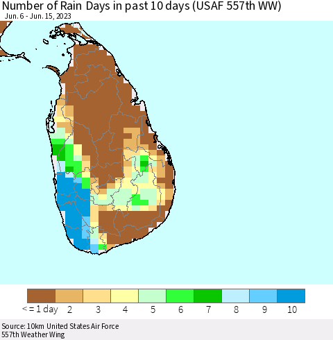Sri Lanka Number of Rain Days in past 10 days (USAF 557th WW) Thematic Map For 6/11/2023 - 6/15/2023