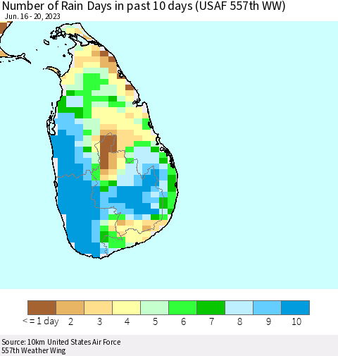 Sri Lanka Number of Rain Days in past 10 days (USAF 557th WW) Thematic Map For 6/16/2023 - 6/20/2023