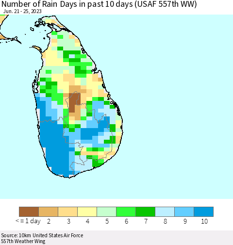 Sri Lanka Number of Rain Days in past 10 days (USAF 557th WW) Thematic Map For 6/21/2023 - 6/25/2023