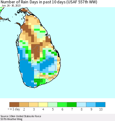 Sri Lanka Number of Rain Days in past 10 days (USAF 557th WW) Thematic Map For 6/26/2023 - 6/30/2023