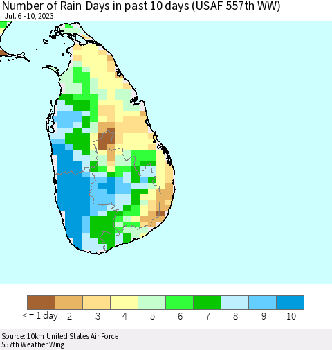 Sri Lanka Number of Rain Days in past 10 days (USAF 557th WW) Thematic Map For 7/6/2023 - 7/10/2023