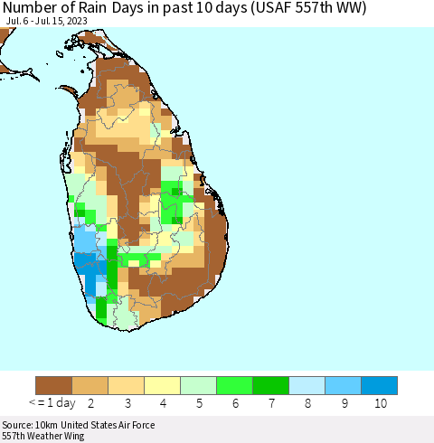 Sri Lanka Number of Rain Days in past 10 days (USAF 557th WW) Thematic Map For 7/11/2023 - 7/15/2023