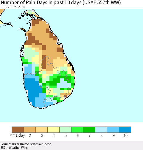 Sri Lanka Number of Rain Days in past 10 days (USAF 557th WW) Thematic Map For 7/21/2023 - 7/25/2023