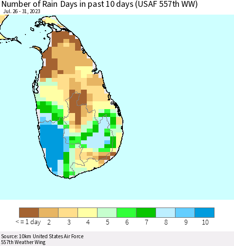 Sri Lanka Number of Rain Days in past 10 days (USAF 557th WW) Thematic Map For 7/26/2023 - 7/31/2023