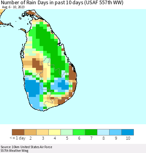 Sri Lanka Number of Rain Days in past 10 days (USAF 557th WW) Thematic Map For 8/6/2023 - 8/10/2023