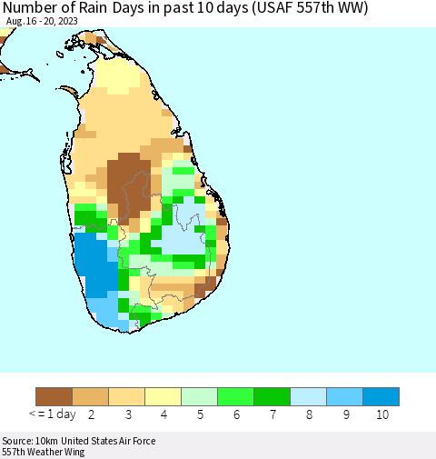 Sri Lanka Number of Rain Days in past 10 days (USAF 557th WW) Thematic Map For 8/16/2023 - 8/20/2023