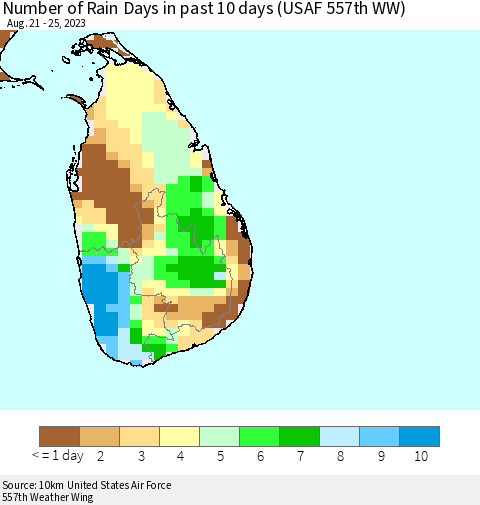 Sri Lanka Number of Rain Days in past 10 days (USAF 557th WW) Thematic Map For 8/21/2023 - 8/25/2023