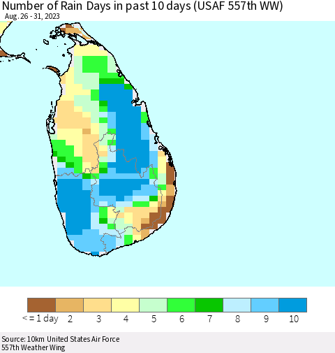 Sri Lanka Number of Rain Days in past 10 days (USAF 557th WW) Thematic Map For 8/26/2023 - 8/31/2023