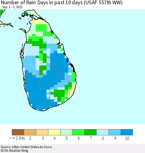 Sri Lanka Number of Rain Days in past 10 days (USAF 557th WW) Thematic Map For 9/1/2023 - 9/5/2023