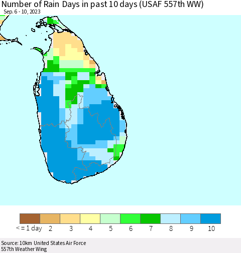 Sri Lanka Number of Rain Days in past 10 days (USAF 557th WW) Thematic Map For 9/6/2023 - 9/10/2023