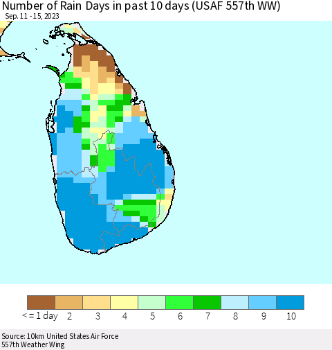 Sri Lanka Number of Rain Days in past 10 days (USAF 557th WW) Thematic Map For 9/11/2023 - 9/15/2023