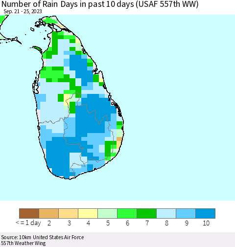Sri Lanka Number of Rain Days in past 10 days (USAF 557th WW) Thematic Map For 9/21/2023 - 9/25/2023