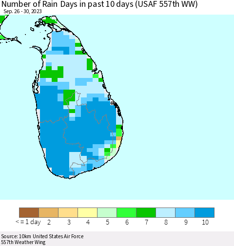 Sri Lanka Number of Rain Days in past 10 days (USAF 557th WW) Thematic Map For 9/26/2023 - 9/30/2023