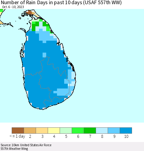 Sri Lanka Number of Rain Days in past 10 days (USAF 557th WW) Thematic Map For 10/6/2023 - 10/10/2023