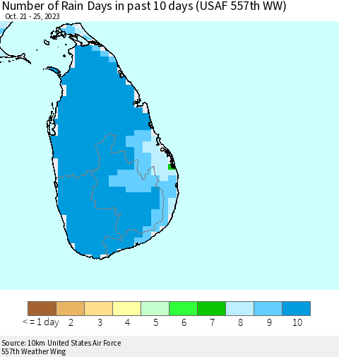 Sri Lanka Number of Rain Days in past 10 days (USAF 557th WW) Thematic Map For 10/21/2023 - 10/25/2023
