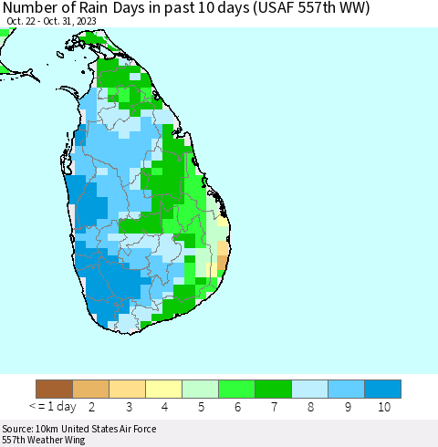 Sri Lanka Number of Rain Days in past 10 days (USAF 557th WW) Thematic Map For 10/26/2023 - 10/31/2023