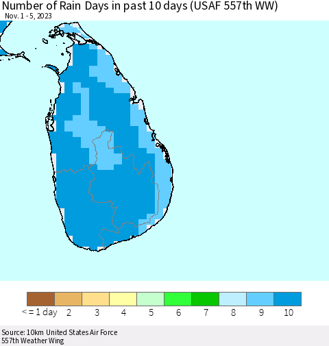 Sri Lanka Number of Rain Days in past 10 days (USAF 557th WW) Thematic Map For 11/1/2023 - 11/5/2023