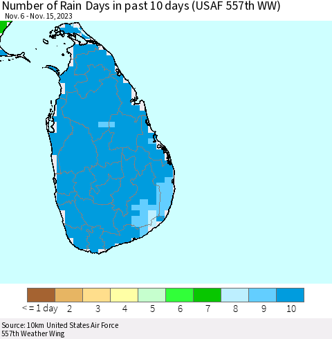 Sri Lanka Number of Rain Days in past 10 days (USAF 557th WW) Thematic Map For 11/11/2023 - 11/15/2023