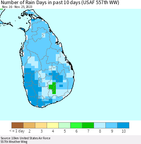 Sri Lanka Number of Rain Days in past 10 days (USAF 557th WW) Thematic Map For 11/21/2023 - 11/25/2023