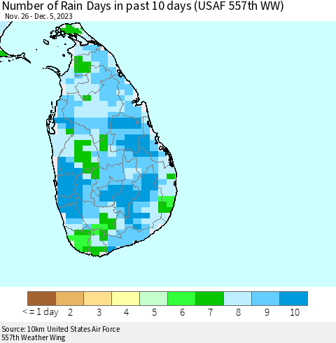 Sri Lanka Number of Rain Days in past 10 days (USAF 557th WW) Thematic Map For 12/1/2023 - 12/5/2023