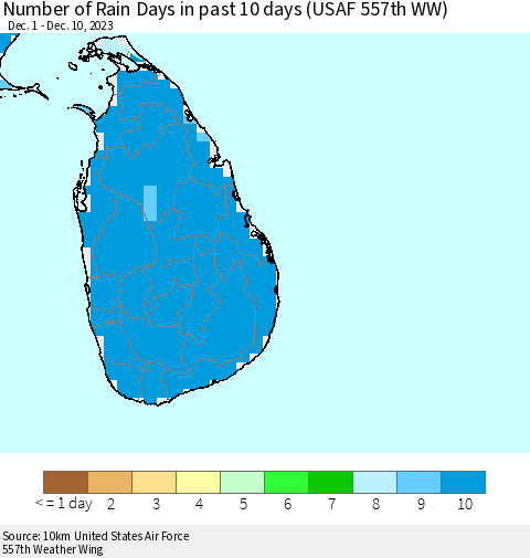 Sri Lanka Number of Rain Days in past 10 days (USAF 557th WW) Thematic Map For 12/6/2023 - 12/10/2023