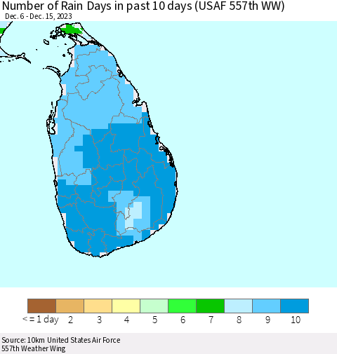 Sri Lanka Number of Rain Days in past 10 days (USAF 557th WW) Thematic Map For 12/11/2023 - 12/15/2023