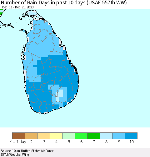 Sri Lanka Number of Rain Days in past 10 days (USAF 557th WW) Thematic Map For 12/16/2023 - 12/20/2023