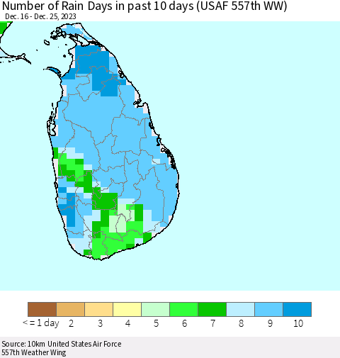 Sri Lanka Number of Rain Days in past 10 days (USAF 557th WW) Thematic Map For 12/21/2023 - 12/25/2023