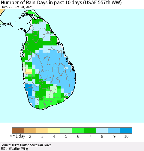Sri Lanka Number of Rain Days in past 10 days (USAF 557th WW) Thematic Map For 12/26/2023 - 12/31/2023