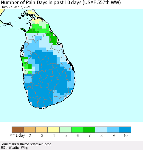 Sri Lanka Number of Rain Days in past 10 days (USAF 557th WW) Thematic Map For 1/1/2024 - 1/5/2024