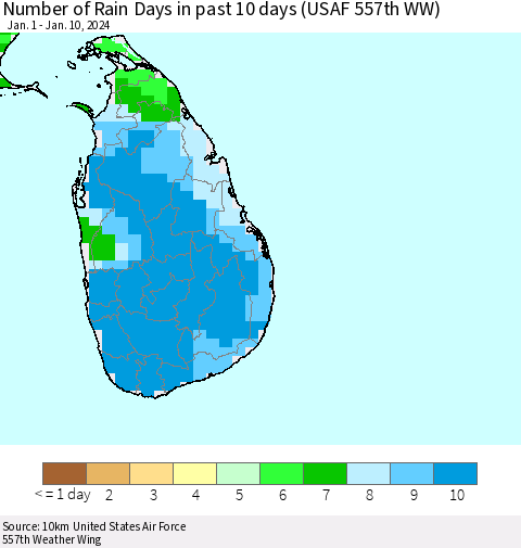 Sri Lanka Number of Rain Days in past 10 days (USAF 557th WW) Thematic Map For 1/6/2024 - 1/10/2024