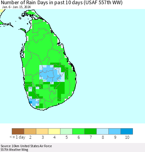 Sri Lanka Number of Rain Days in past 10 days (USAF 557th WW) Thematic Map For 1/11/2024 - 1/15/2024