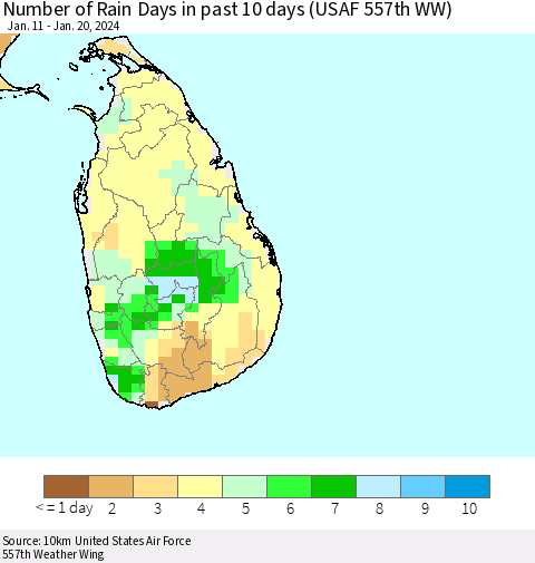 Sri Lanka Number of Rain Days in past 10 days (USAF 557th WW) Thematic Map For 1/16/2024 - 1/20/2024