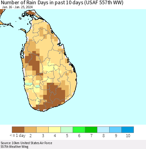 Sri Lanka Number of Rain Days in past 10 days (USAF 557th WW) Thematic Map For 1/21/2024 - 1/25/2024