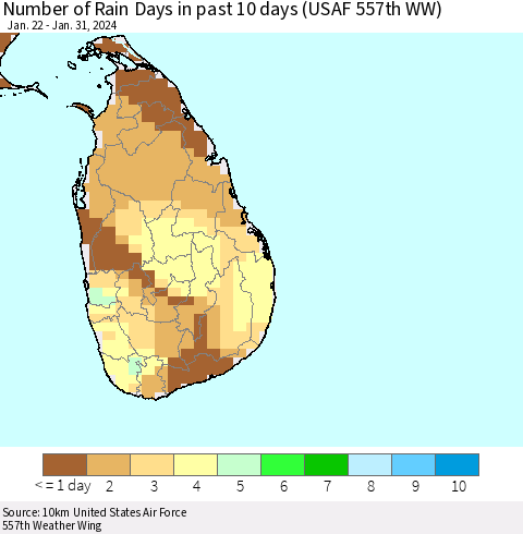 Sri Lanka Number of Rain Days in past 10 days (USAF 557th WW) Thematic Map For 1/26/2024 - 1/31/2024