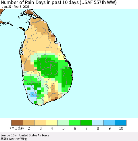 Sri Lanka Number of Rain Days in past 10 days (USAF 557th WW) Thematic Map For 2/1/2024 - 2/5/2024