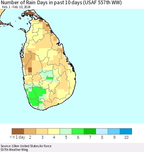 Sri Lanka Number of Rain Days in past 10 days (USAF 557th WW) Thematic Map For 2/6/2024 - 2/10/2024